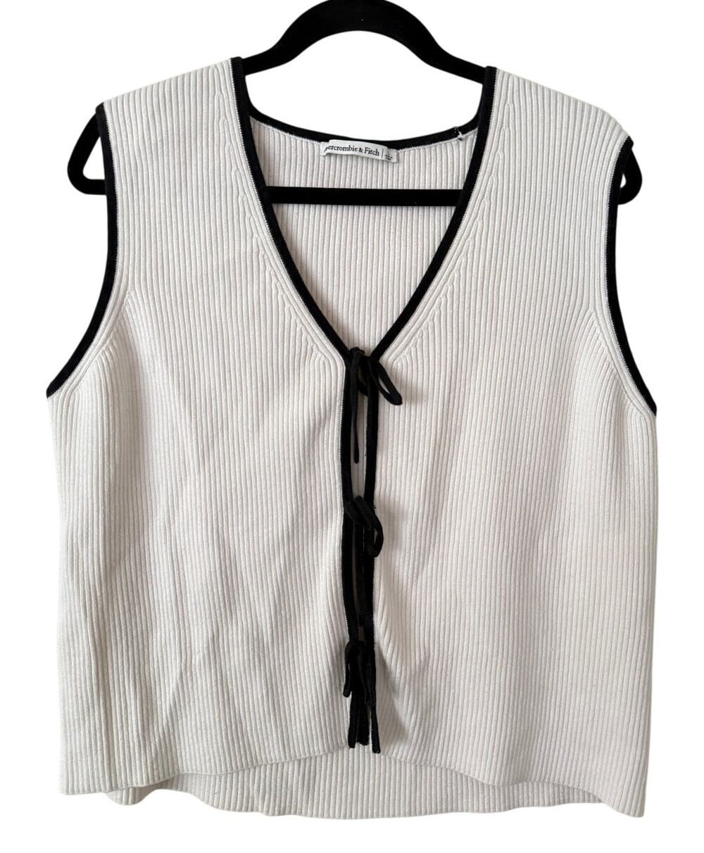 Abercrombie & Fitch White Ribbed Tank Black Bows Sleeveless Black Large Preppy